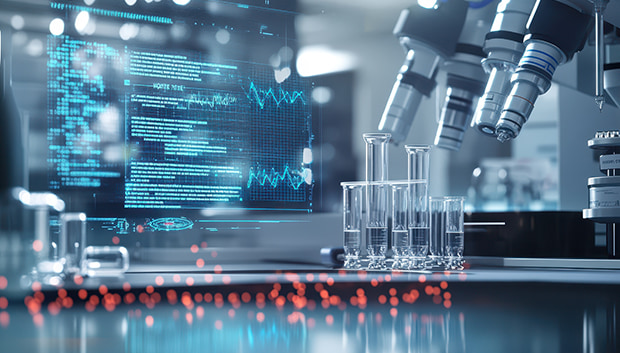  Test tubes, microscopes and a digital display.