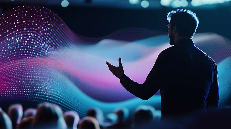 An silhouette of a person presenting on a stage at an event to an audience