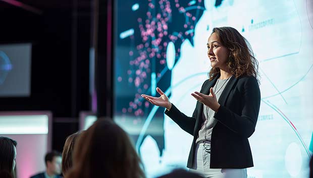 Female presenting and speaking at an event conference