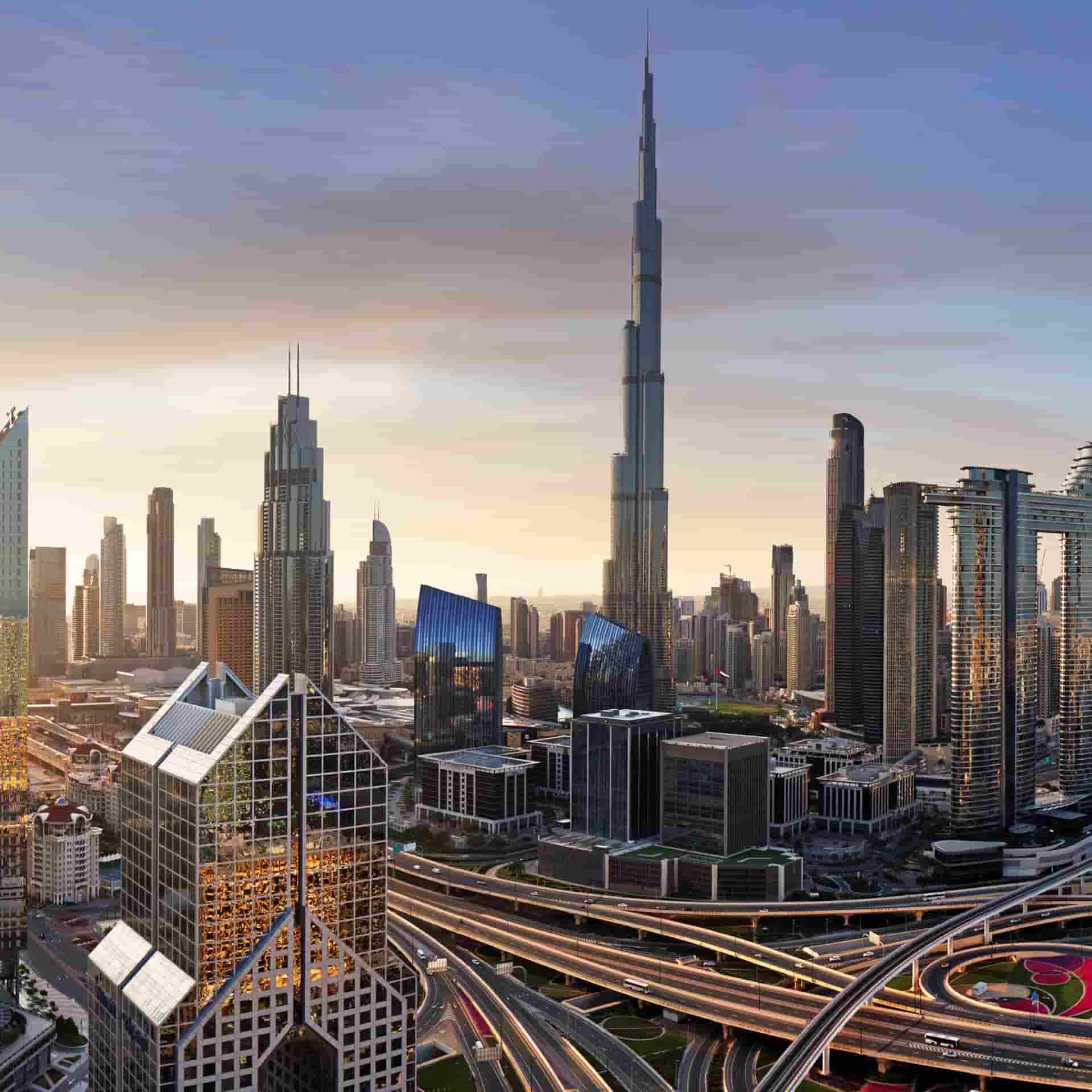 View of the Dubai skyline at sunset