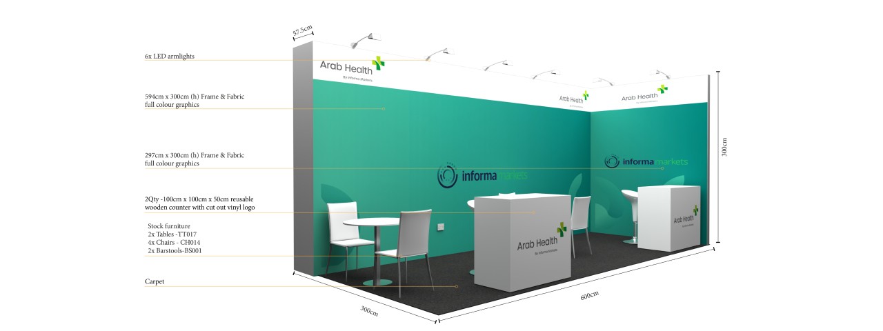 An image of a premium booth from the event with technical descriptions such as the booth's width and heigh